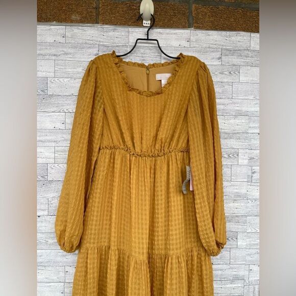 Rachel Parcell Mustard Yellow Ruffled Tiered Long Sleeve Maxi Dress Textured - Picture 4 of 15